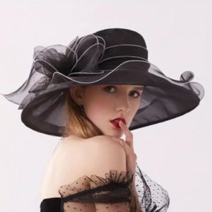 NWT Wide Brim Organza Hat Elegant KY Derby Church Beach Easter BLACK WHITE